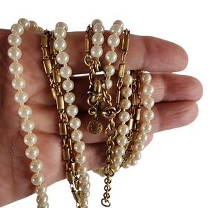 J. Crew long necklace dainty chain gold hand knotted faux pearls double strand